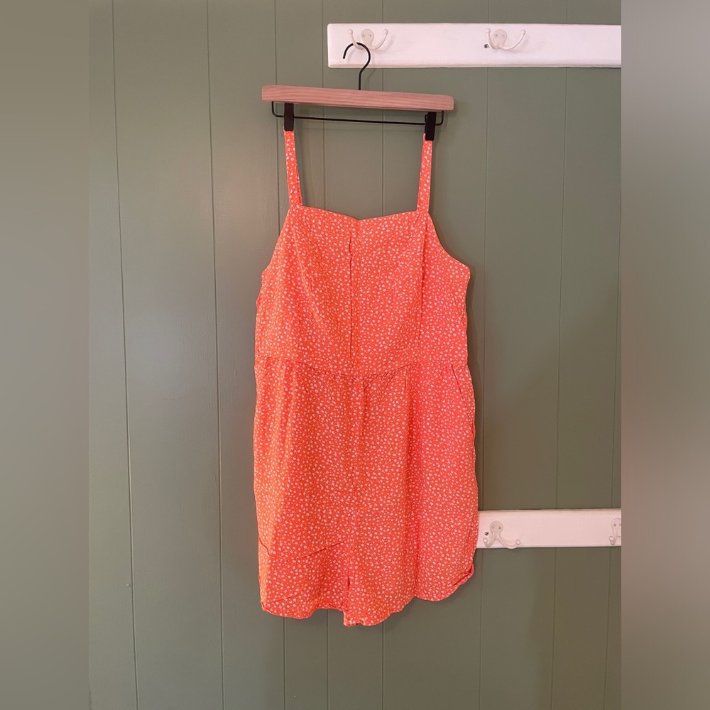 Old Navy dotted woven romper in coral/orange and white